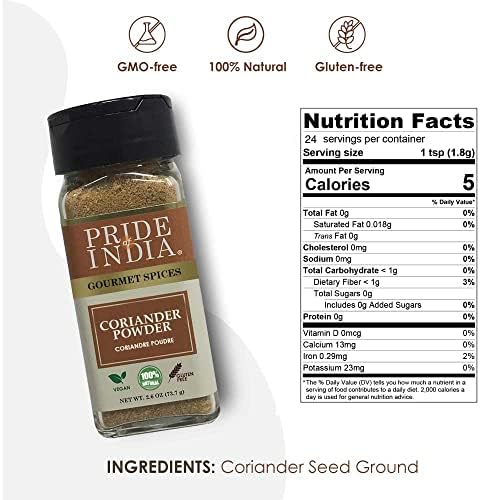 Pride of India – Coriander Seed Ground – Authentic Indian Spice – Freshly Packed Gourmet Spice – Must Ingredient in Indian & Middle Eastern Cuisines – Easy to Use – 2.6 oz. Small Dual Sifter Jar