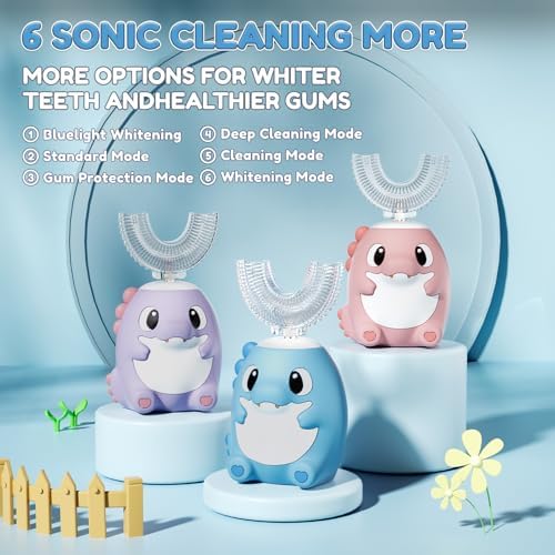 Kids Electric U Shaped Toothbrush,Kids Dinosaur Sonic Automatic Toothbrush with 5 Soft Brush Head 6 Cleaning Modes Full Mouth 360° Cleaning - Age2-15 Blue