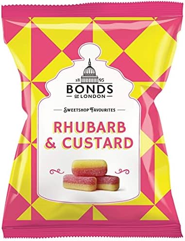 Original Bonds London Rhubarb & Custard Bag Sugar Coated Rhubarb & Vanilla Flavored Boiled Sweets Imported From The UK The Best Of British Candy - PACK OF 2