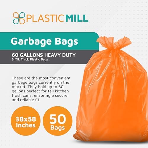 PlasticMill Heavy Duty Trash Bags - Orange Garbage Bags - Plastic Trash Bags - Tall Trash Bags, Trash Can Liners - 50-60 Gallon Large Kitchen Trash Bags, 3 Mil, 38"x58" (50-Count)