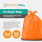 PlasticMill Heavy Duty Trash Bags - Orange Garbage Bags - Plastic Trash Bags - Tall Trash Bags, Trash Can Liners - 50-60 Gallon Large Kitchen Trash Bags, 3 Mil, 38"x58" (50-Count)