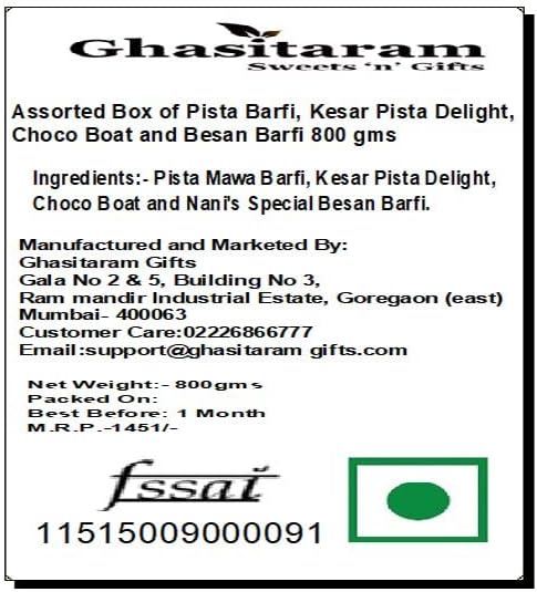 Ghasitaram Gifts Diwali Gifts Sweets- Assorted Box of Pista Barfi, Kesar Pista Delight, Choco Boat and Besan Barfi 800 GMS