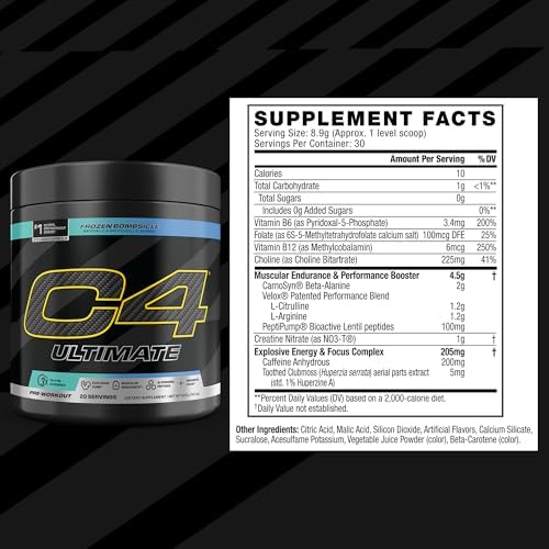 C4 Ultimate Pre Workout Powder - Sugar Free Preworkout Energy Supplement for Men & Women - 300mg Caffeine + TeaCrine + Dynamine + Creatine - Frozen Bombsicle, 20 Servings
