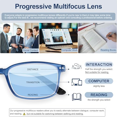 EASY READ TR90 Progressive Multifocal Reading Glasses for Men,Rectangular Blue Light Blocking Readers with Spring Hinge