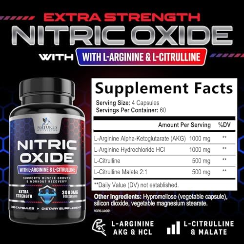 Nitric Oxide Booster Extra Strength - 3X Strength L-Arginine & Citrulline Supplement - Best Nitric Oxide Supplements for Men - Supports Muscle, Heart Health, Energy - Bottled in USA - 240 Capsules