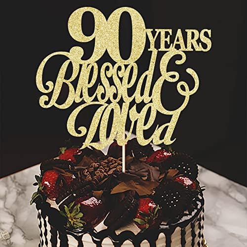Sparkling 90 Years Blessed & Loved Cake Topper - 90th Birthday, 90th Wedding Anniversary, Wedding/Anniversary Party Decorating supplies.