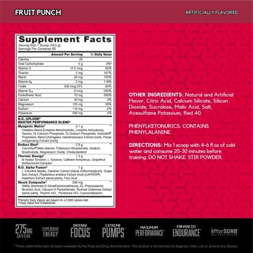 BSN N.O.-XPLODE Pre Workout Supplement with Creatine, Beta-Alanine, and Energy, Fruit Punch, 60 Servings, 2.45 Pound (Packaging May Vary)