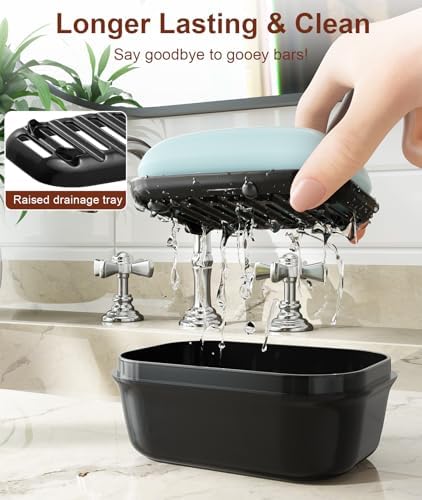Quatish Leakproof Soap Dish with Lid & Draining Layer, Shatterproof Travel Bar Soap Holder Case Container, Portable Travel Size Toiletries Essentials for Camping, Gym, Bathroom, Black
