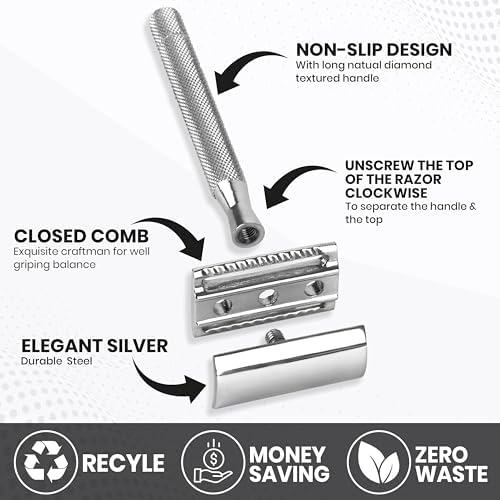 Safety Razor for Men & Women with 10 Double Edge Safety Razor Blades Reusable Double Edge Razor Single Blade Razors for Women & Men Kit Gift Metal Razors Stainless
