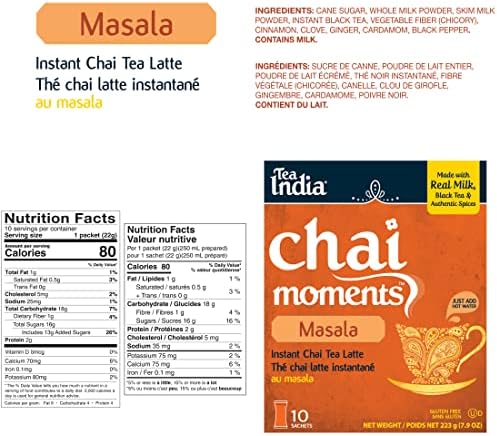 Tea India Chai Moments Masala Chai Tea Instant Latte Mix Flavorful Blend Of Premium Black Tea & Natural Ingredients Traditional Indian Caffeinated Tea Individually wrapped 10 Sachets