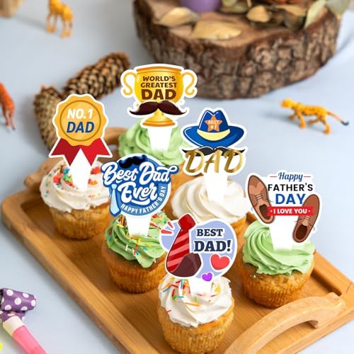 36pcs Happy Fathers Day Cupcake Toppers, Best Dad, I Love My Dad Cupcake Picks with Beard Tie Signs for Happy Father's Day Party Cupcake Decorations