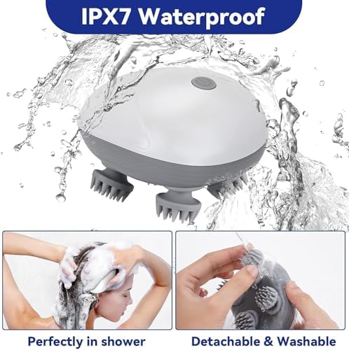 Electric Head Massager, IPX7 Waterproof Handheld Scalp Massager with 4 Kneading Heads & 96 Massage Nodes, Rechargeable Body Massager Electric Head Scratcher Massager for Hair Growth Scalp Stress Relax