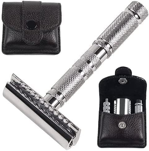 Parker Travel Shave Kit – Premium Buffalo Leather Travel Bag, Portable Safety Razor with 5 Blades, Pure Badger Lathering Brush & Sandalwood Shea Butter Soap