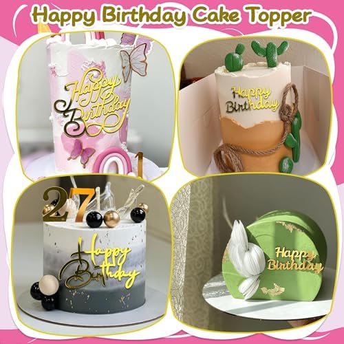 40 PCS Gold Happy Birthday Cake Toppers Mirror Acrylic Toppers with 10 Styles or Birthday Party Cake Desserts Pastries