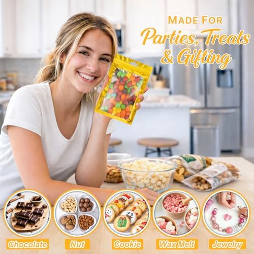 100 Pack Resealable Bags, Resealable Packaging Mylar Bags, Heat Seal Bag with Frosted Clear Window, Foil Pouch Smell Proof Zipper Bag for Food Storage (Golden, 4.13 x 5.91)