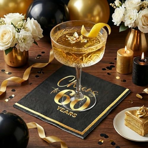 Cheers to 60 Years - 50PCS Black & Gold Foil Cocktail Napkins, 3-Ply Disposable Paper 5x5 Inches 60th Birthday Napkins Decorations, Wedding, Anniversary, Party Men & Women