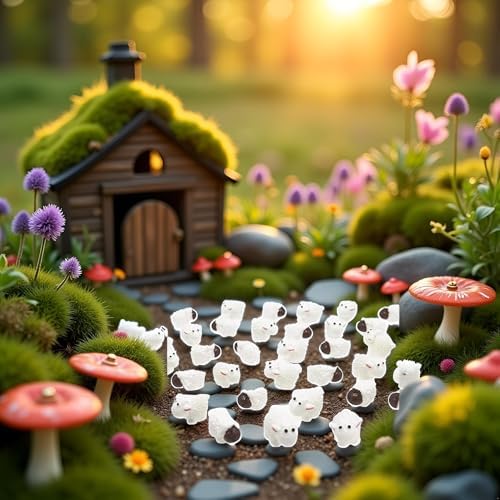 40Pcs White Mini Sheep Herd Figurines - Cake/Cupcake Toppers, Terrarium and Moss Landscape Decor, DIY Miniature Crafts for Fairy Gardens, Home Décor and Model Scenes