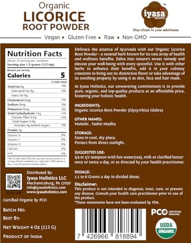 Iyasa Holistics Licorice Root Powder 4 oz - USDA Certified Organic Licorice Root Glycyrrhiza Glabra & Mulethi - Digestive & Adrenal Support, Natural Sweetener - Pure Ayurveda Products
