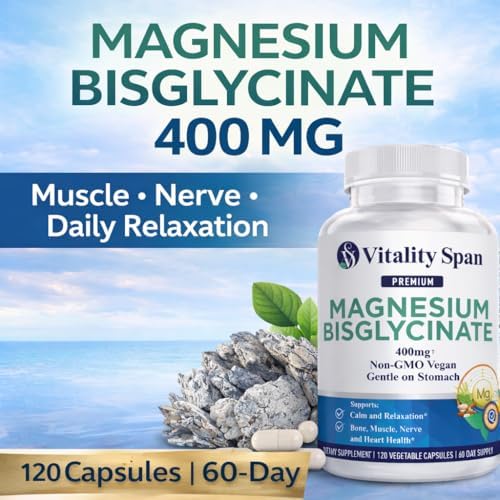 Magnesium Glycinate 400mg, Chelated Magnesium Bisglycinate for Relaxation and Sleep Aid, Extra Strength, with Magnesium Oxide, Gentle on Stomach, Vegan, 120 Capsules, Made in USA