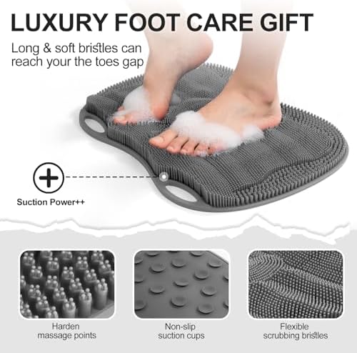 Shower Foot Scrubber Mat XL, Silicone Feet Toes Massage Cleaner -Upgraded Long Brush Pad Without Bending Non-Slip Suction Cups for Foot Bath Bathtub Exfoliate Smooth Skin 17.4x13 Grey
