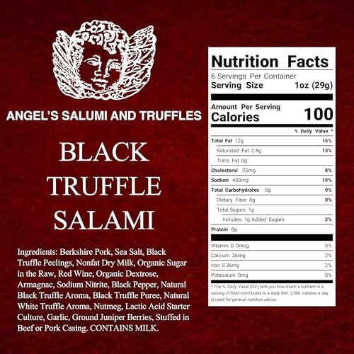 Angel's Salumi Black Truffle Salami – 6.5 oz Gourmet Artisanal Charcuterie – Humanely Raised Pork, Antibiotic & Hormone-Free, No MSG or Phosphates