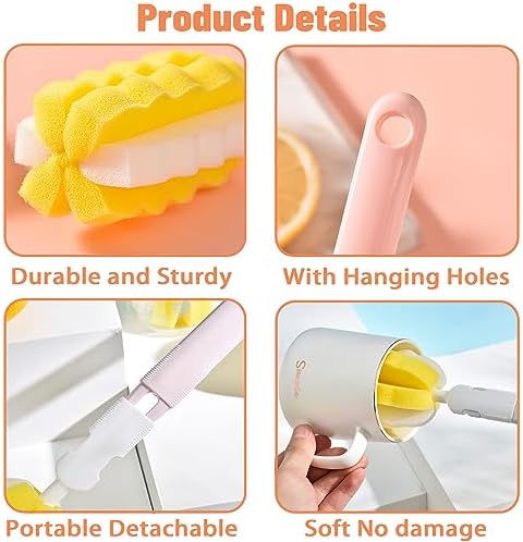 INVODA 4PCS Bottle Brush Long Handle Cup Cleaner Brush Sponge Bottle Scrubber Detachable Handle Portable Sponge Cleaning Brush for Baby Bottle Dishwashing Kitchen Clean Glasses Mugs (4 PCS)