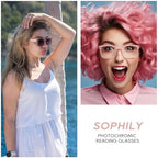 Photochromic Reading Glasses for Women Men, Womens Mens Full Reading Sun Glasses Variable Tinted Readers Grey Color Lens Pink Frame, +1.0