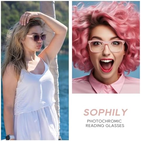 Photochromic Reading Glasses for Women Men, Womens Mens Full Reading Sun Glasses Variable Tinted Readers Grey Color Lens Pink Frame, +1.0