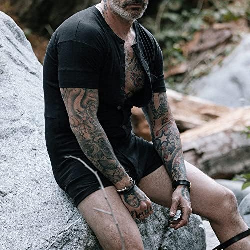 Mens Short Sleeve Onesie Henley Jumpsuit Pajamas Stretchy Cotton One Piece Garment