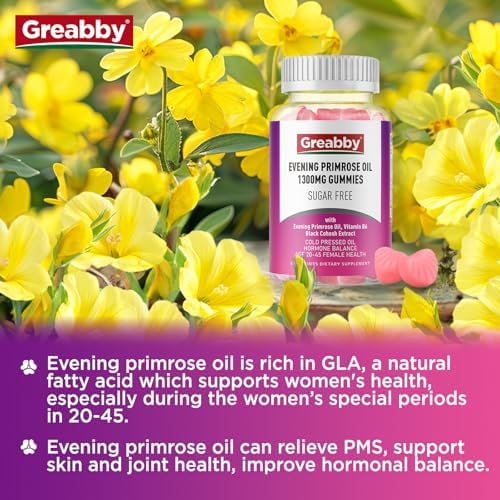 Evening Primrose Oil Gummies 1300mg with Black Cohosh & Vitamin B6, Sugar-Free, PMS Relief Supplements for Women 20-45, Chewable PMS Gummies, Strawberry Flavor, Vegan, Pectin, 120 Count