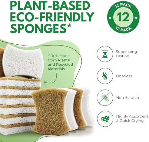 AIRNEX Natural Kitchen Sponges (12 Pack) - Biodegradable Cellulose & Coconut Scrubber Dish Sponge for Kitchen - Eco-Friendly, Non Scratch, Compostable, Non Toxic Natural Sponges for Dishes