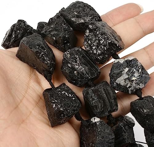 Black Tourmaline Gemstone Crystal Nugget Raw Graduated Beads Strand 2mm Hole Drilled