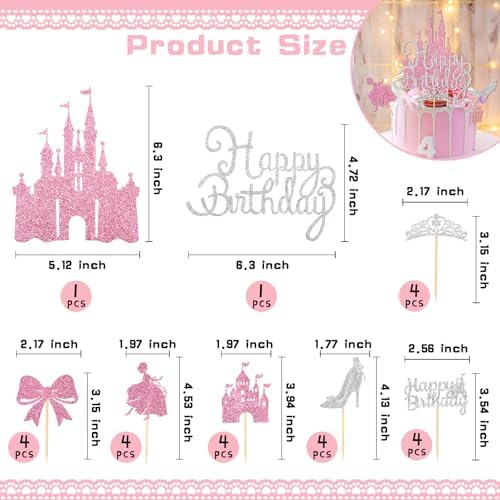 Wootkey 26Pcs Castle Princess Cake Topper Silver Pink Glitter Princess Cupcake Toppers High Heel Bow Crown Princess Cake Decorations for Princess Birthday Valentine's Day New Year Party Supplies