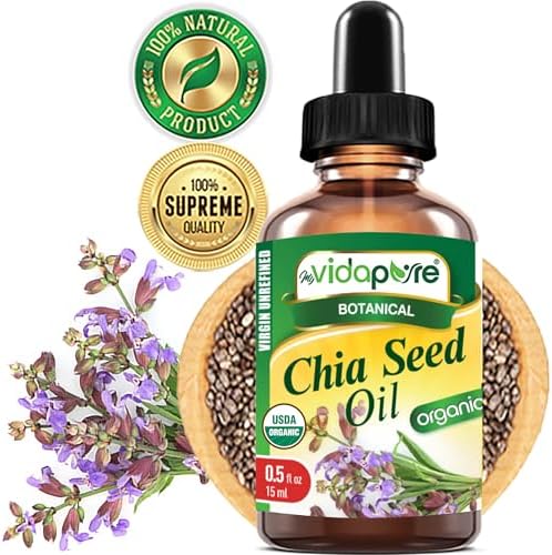 MYVIDAPURE Organic CHIA SEED OIL Certified Organic 100% Natural Pure VIRGIN UNREFINED Undiluted Cold Pressed Carrier Oil for Face Skin Body Hair Lip Nails Anti-Aging Rich in Vitamin E (0.5 Fl Oz)