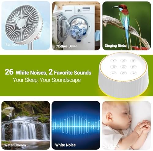 BGOVERSS White Noise Machine, 26 Hi-Fi Soothing Sounds & 10 Colors Night Light Sound Machine for Sleeping Adults, Baby & Kids, Portable Sleep Machine with 6 Timers, Noise Canceling for Home Office