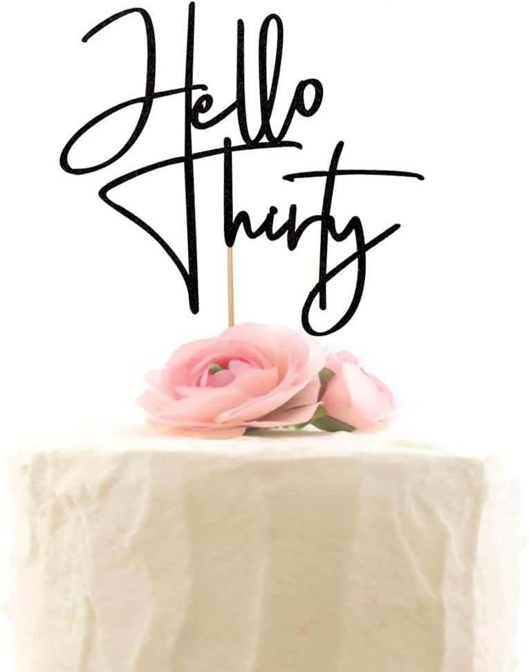 Hello Thirty Cake Topper, Happy 30th Birthday Party Decorations, Black Glitter