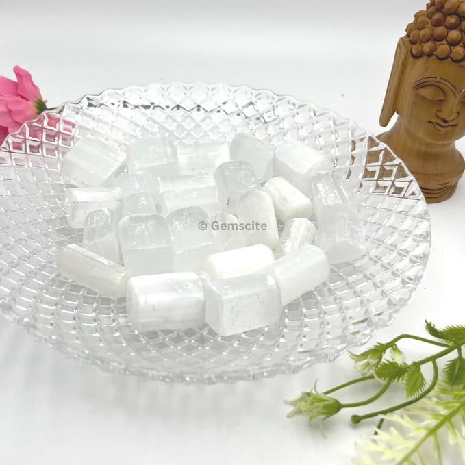 GEMSCITE Selenite 1/2 LB Tumbled Stones and Crystals Bulk Natural Crystal Kit for Reiki Healing Crystal Polished, Tumble Stones, Chakra Balancing, Good Luck, Reiki Gift, Home Décor