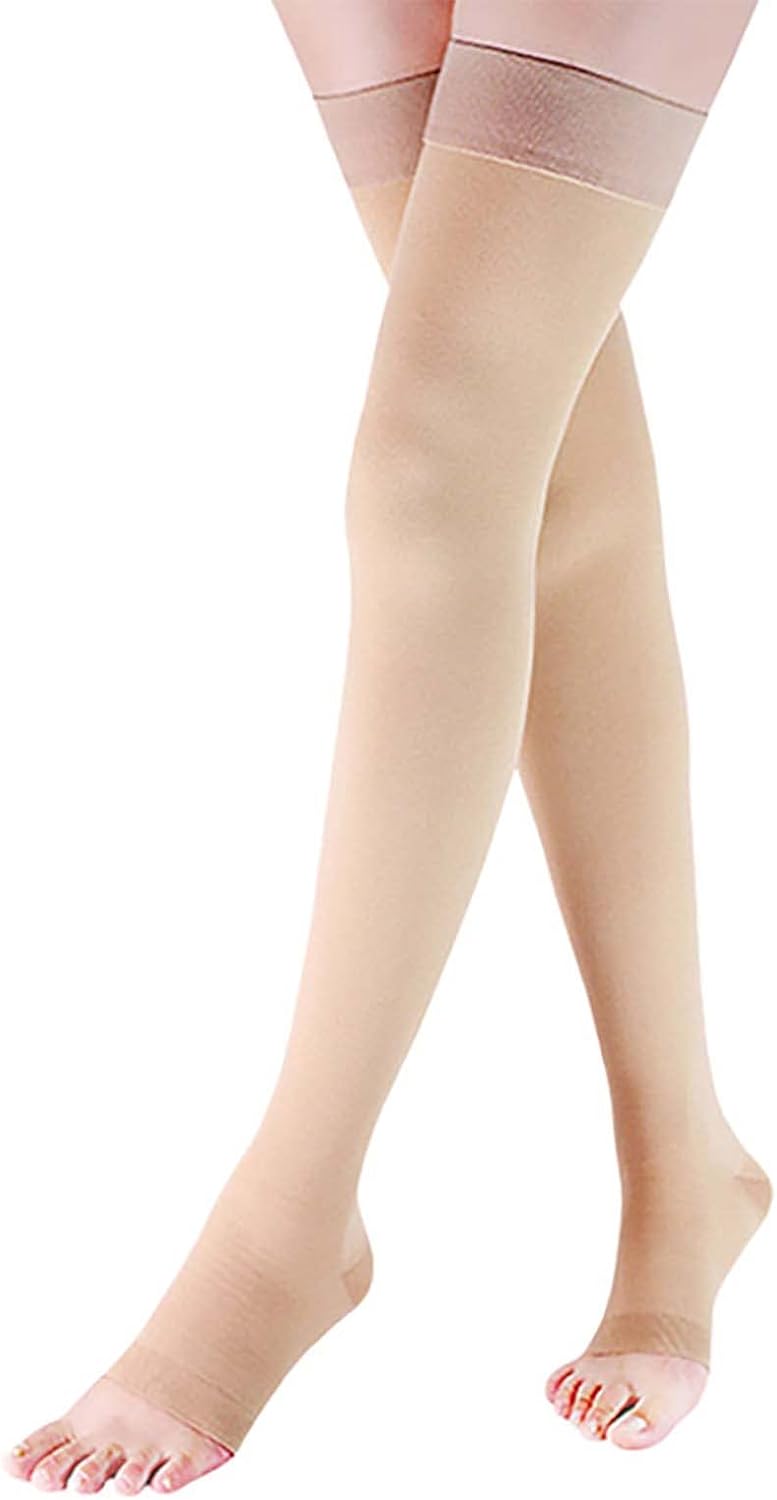 Lin Performance 15-20 mmHg Medical Compression Stockings for Women & Men, Thigh High Dot-Top Open Toe, Leg Support for Daily & Travel Comfort (Beige,M)
