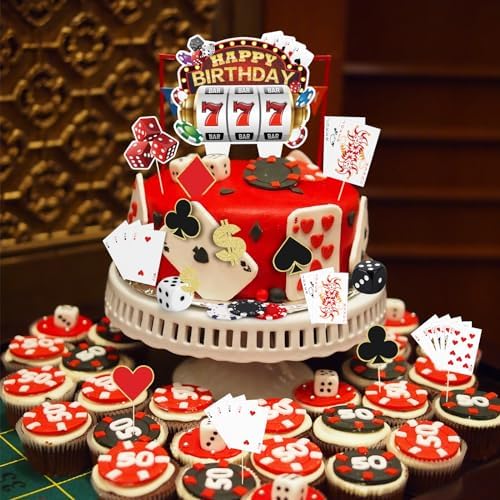 Hooqict 24 Pieces Casino Cake Decorations Set with Mini Toy Slot Machine Poker Casino Cake Toppers & Cupcake Toppers for Las Vegas Casino Night Theme Birthday Party Decorations