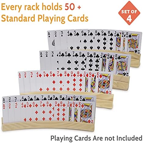 plusvivo Set of 4 Curved Playing Cards Holders for Seniors Adults - Soild Wood Cards Holders for Playing Cards 13 x 1.9 x 2.4 Inch for Bridge Canasta Strategy Foot and Hand