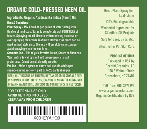 Verdana Organic Neem Oil – Cold Pressed, 100% Pure Neem Seed Oil, Concentrated Multi-Purpose Oil for Skin, Hair & Plant Use, No Additives - 32 Fl Oz