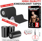3 Rolls Kinesiology Tape, 4 inch x 14.8 Feet Waterproof Athletic Tape, Uncut Kinetic Tape, Elastic Muscle Tape, Sports Tape, Knee Tape for Exercise and Daily Use - Black