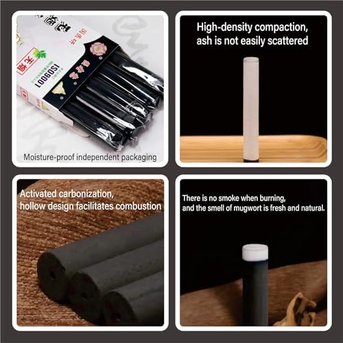 Smokeless moxa sticks 5 pcs.No smoke is produced during moxibustion.it is no longer bothered by the Smoke brought by traditional Moxa stick.Made of pure mugwort and carbonized.size:13cm*1.6cm.5pcs/box