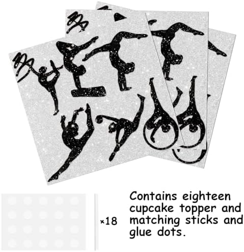 18pcs Black Glitter Silhouette Gymnast Dessert Cupcake Topper Cheer to Gymnastics Sport Theme Decor Supplies Women Girls Happy Birthday Bachelor Girls' Night Out Party Decorations