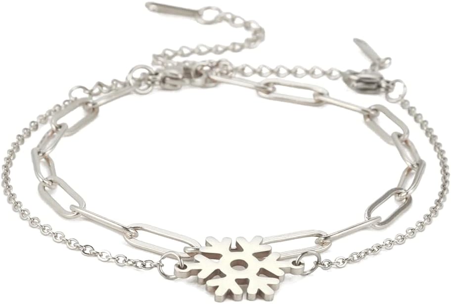Dainty Layered Christmas Snowflake Charm Bracelet Charm Minimal Stainless Steel Bangle Adjustable Jewelry Gifts Sisters Women