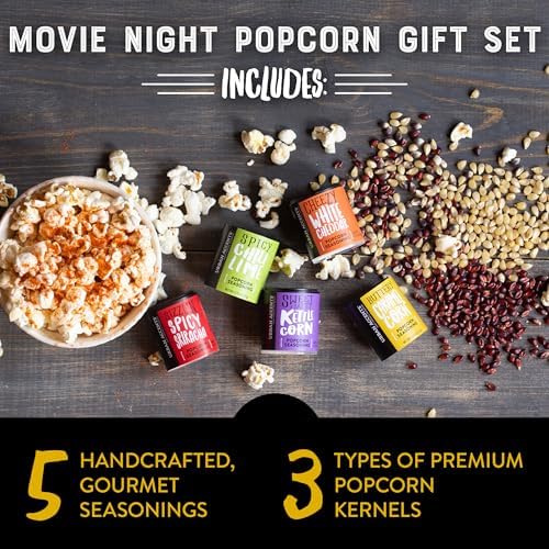 Urban Accents Movie Night Small-Batch Popcorn Gift Set – Includes 3 Gourmet non-GMO Popcorn Kernel Varieties & 5 Flavorful Seasonings – Perfect Snack Gift Box for Parties, Holidays, or Movie Lovers