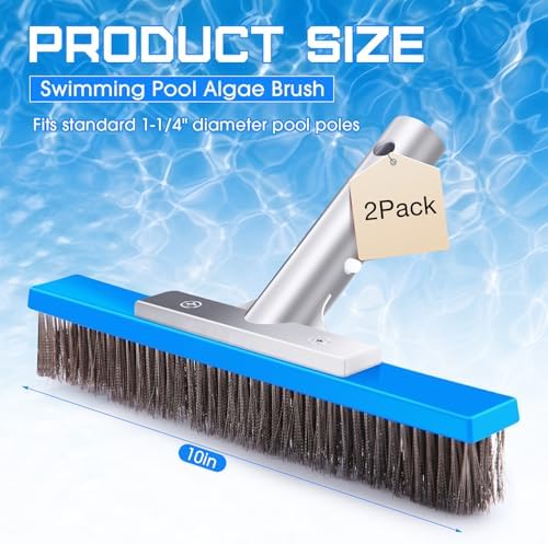 Gejoy 2 Pack 10" Stainless Steel Brush Pool Brush Head for Inground Pools, Algae Metal Wire Bristles and Aluminum Back Scrubber Heavy Duty Curved Ends for Tiles, Rust Stains on Concrete Walls