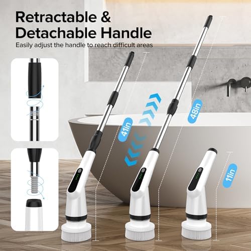 Electric Spin Scrubber, Dreazu IPX7 Shower Scrubber with 7 Replaceable Brush Heads & Retractable Handle, 2-Speed Adjustable Shower Cleaner for Bathroom,Toilet, Bathtub, Kitchen, Tile Floors