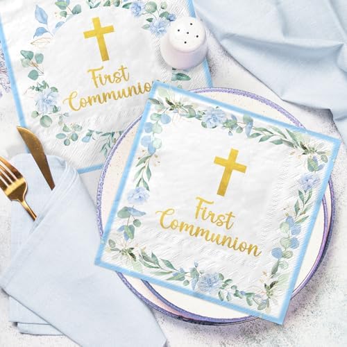 First Communion Decorations for Boys, 50pcs Blue Baptism Napkins First Communion Paper Napkins for Baptism Decorations, Easter Party, First Communion Party Supplies