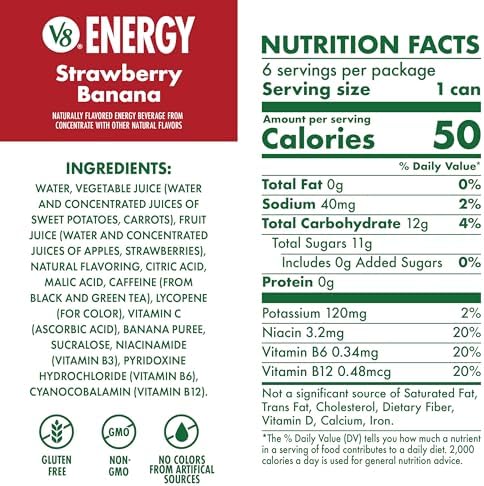 V8 +ENERGY Strawberry Banana Energy Drink, Made with Real Vegetable and Fruit Juices, 8 FL OZ Can (Pack of 6)
